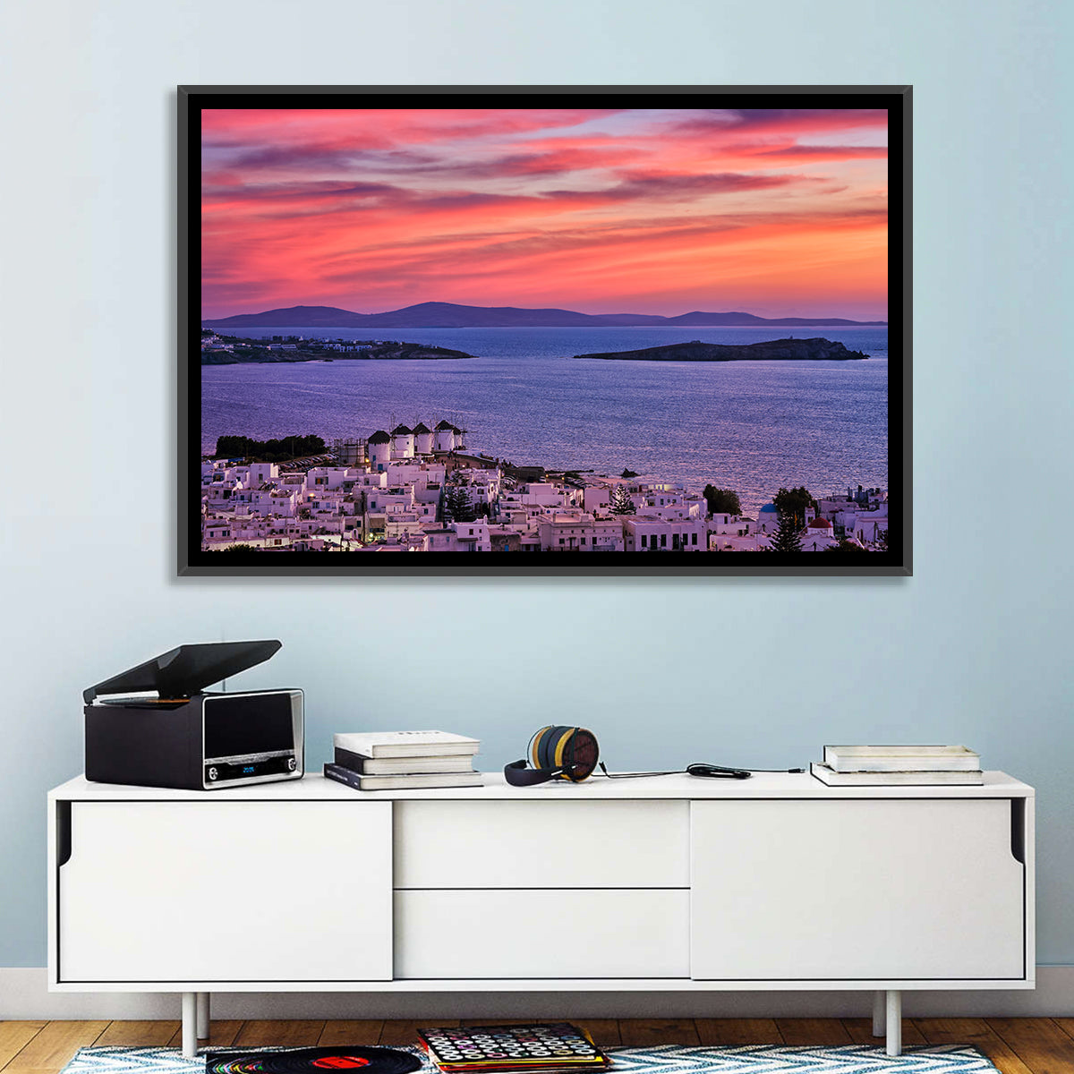 Mykonos Windmills at Sunset Wall Art in a room, landscape