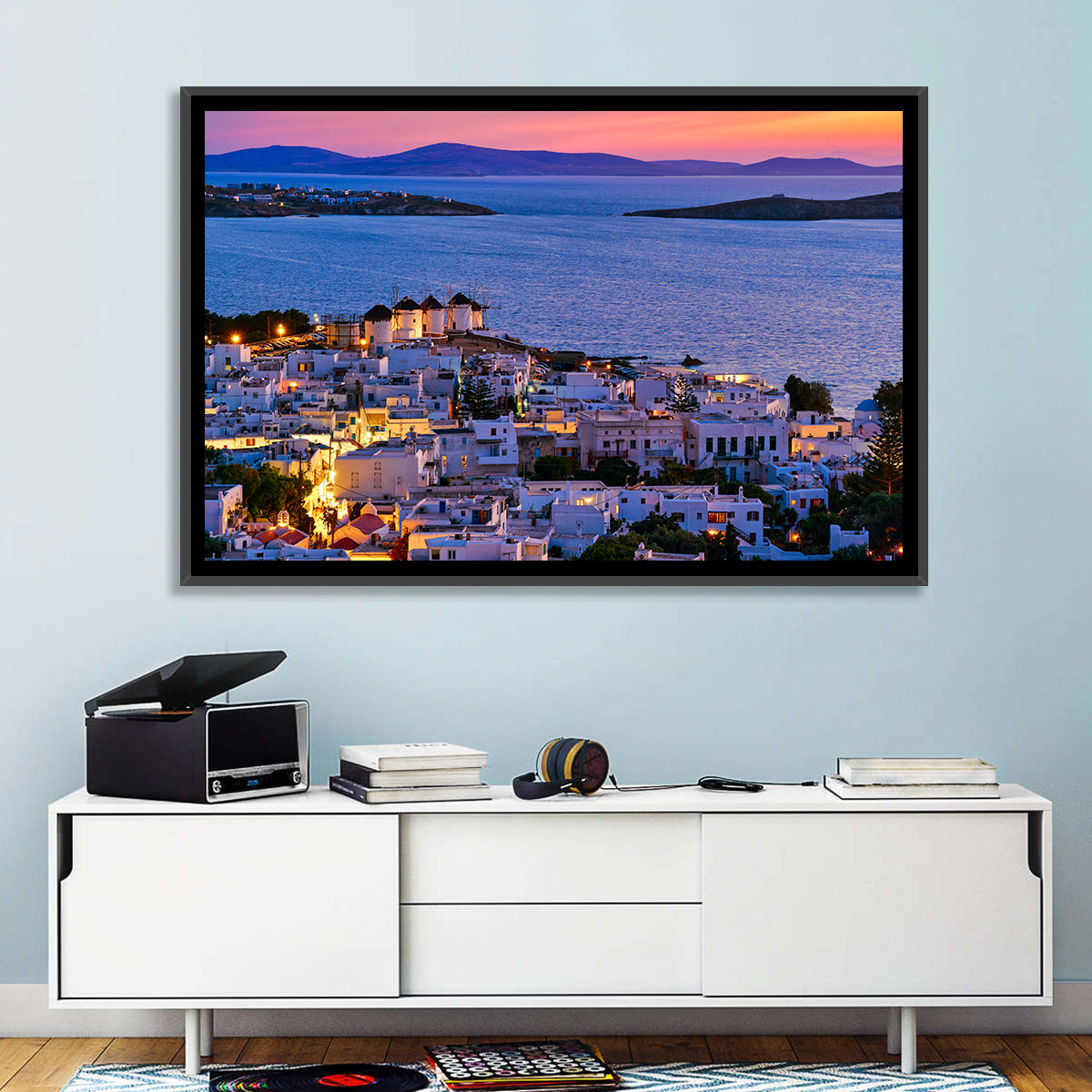 Kato Mili Windmills at Twilight Wall Art in a room, landscape