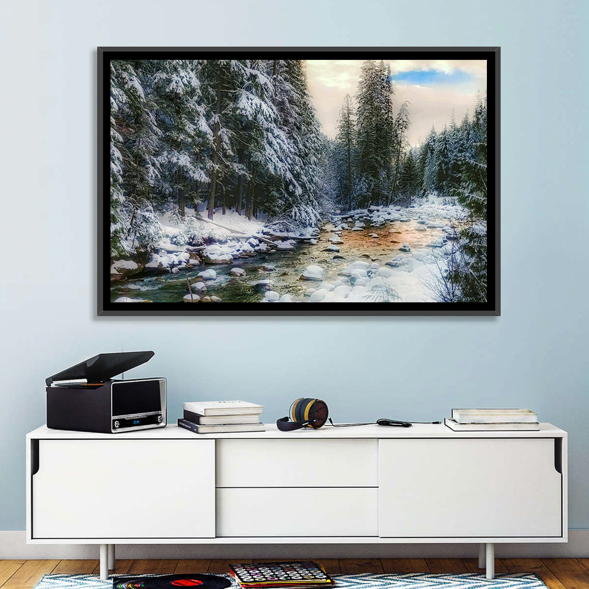 Winter Creek in Snowy Pines Wall Art in a room, landscape