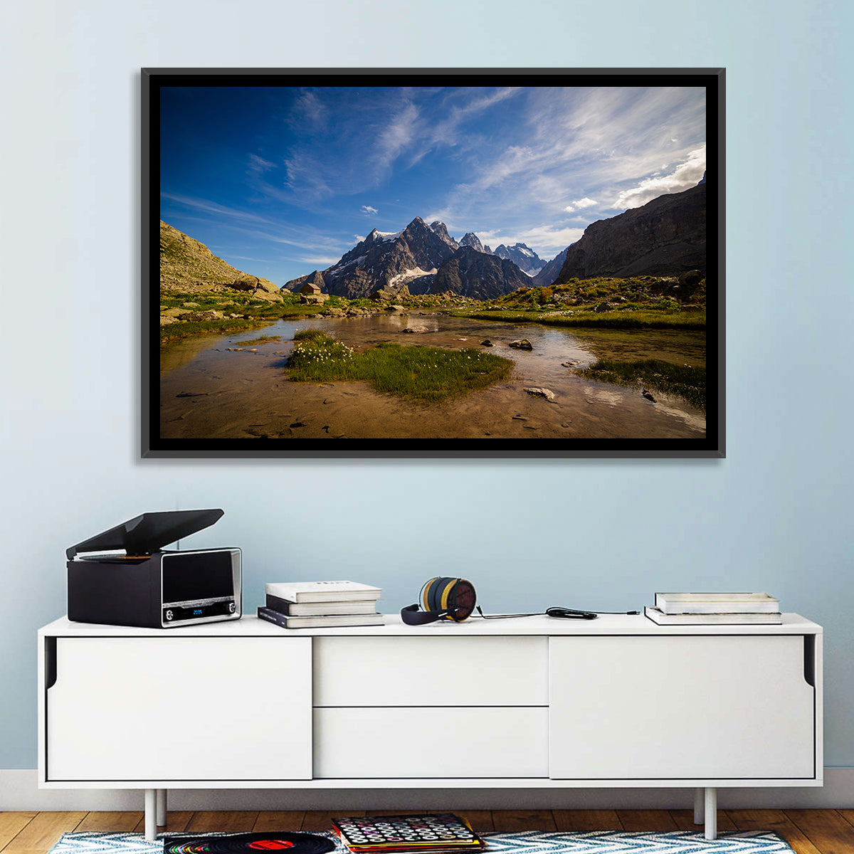 La Meije Alpine Lake and Stone Hut Wall Art in a room, landscape