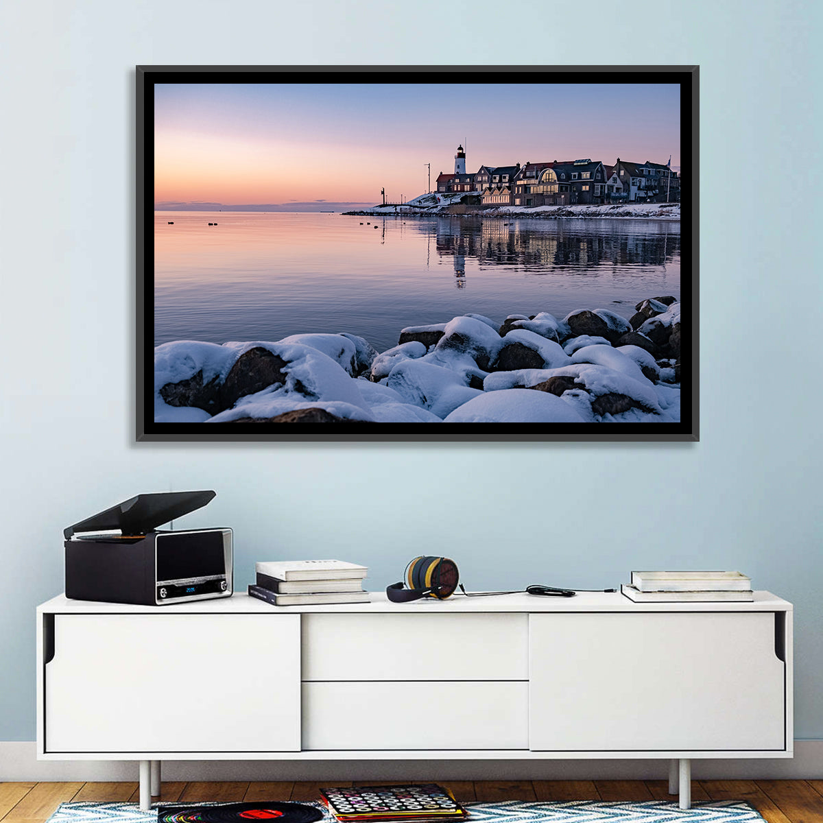 Urk Lighthouse Winter Twilight Harbor Wall Art in a room, landscape