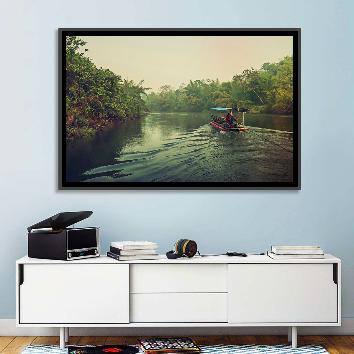 Misty Long-tail Boat on River Kwai Wall Art in a room, landscape