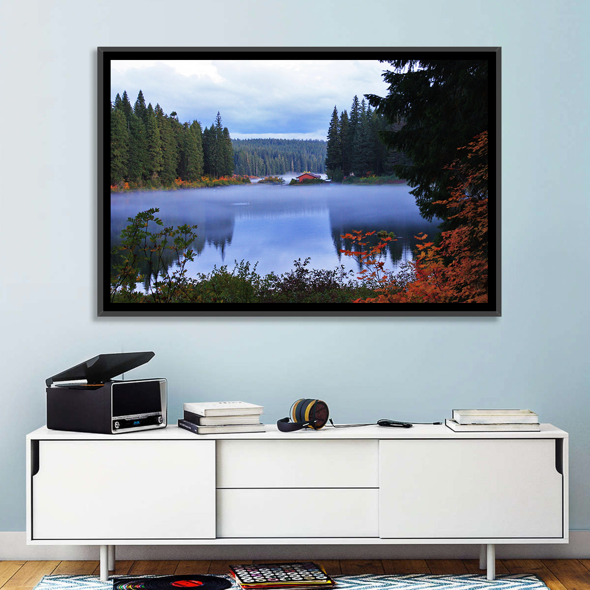 Lynn County Lake Cabin Reflection Wall Art in a room, landscape