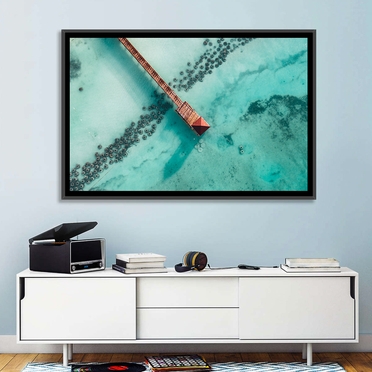 Aerial Red Pier Over Turquoise Water Wall Art in a room, landscape