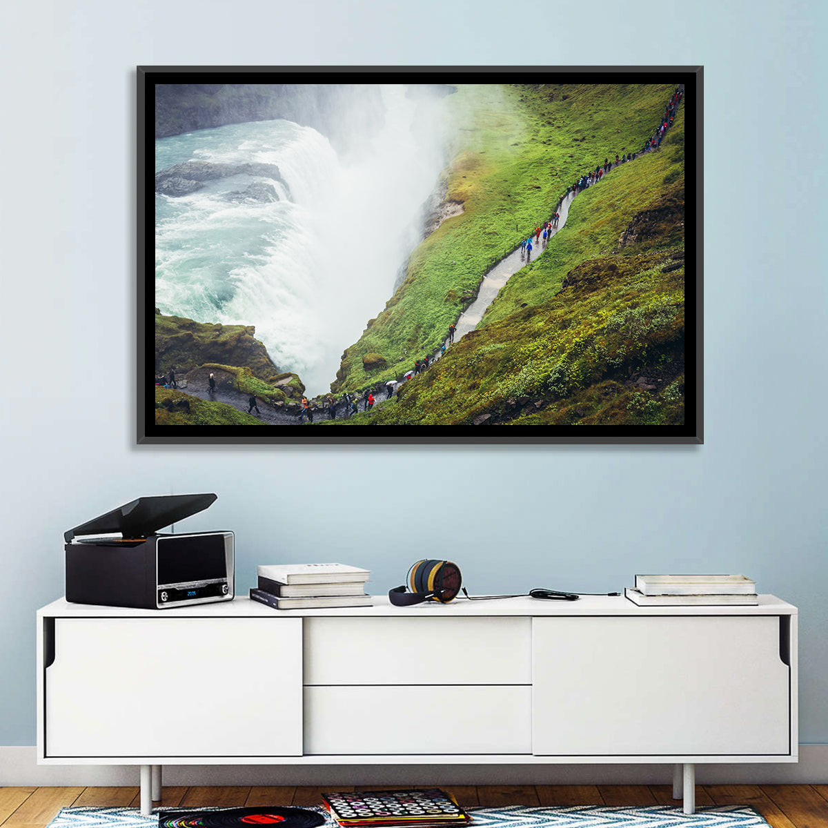 Misty Path at Gullfoss Waterfall Wall Art in a room, landscape