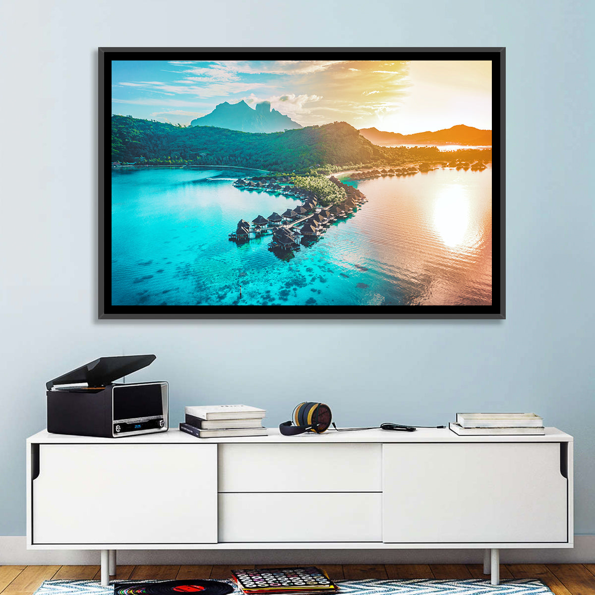 Bora Bora Overwater Bungalows Wall Art in a room, landscape