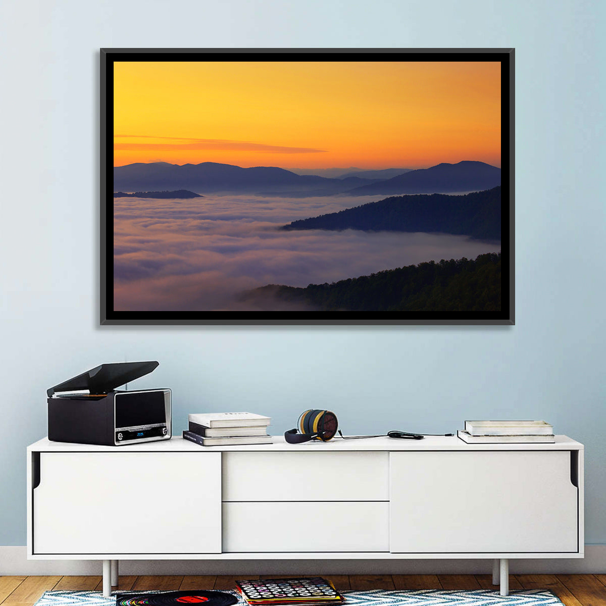 Cloud Sea Over Mountains at Golden Dawn Wall Art in a room, landscape