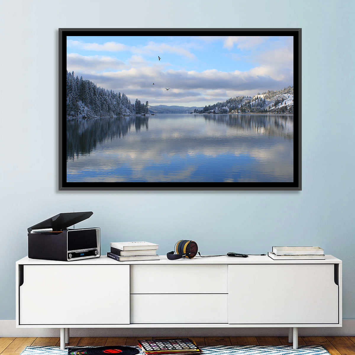 Coeur D Alene Winter Lake Reflection Wall Art in a room, landscape