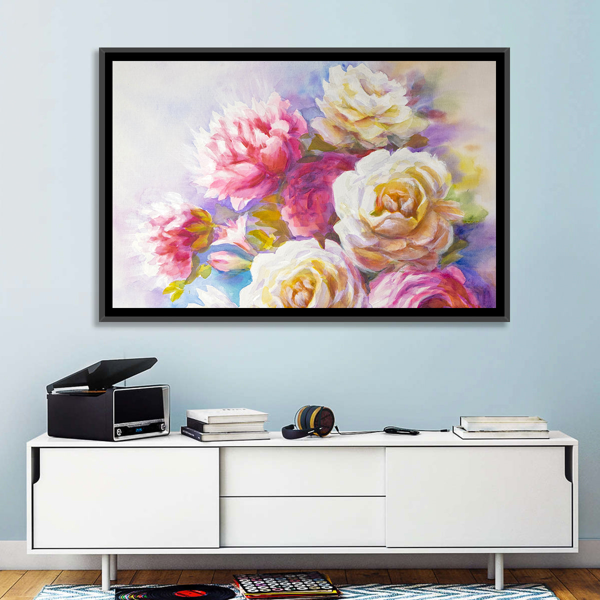 Watercolor Peony Bouquet Wall Art in a room, landscape