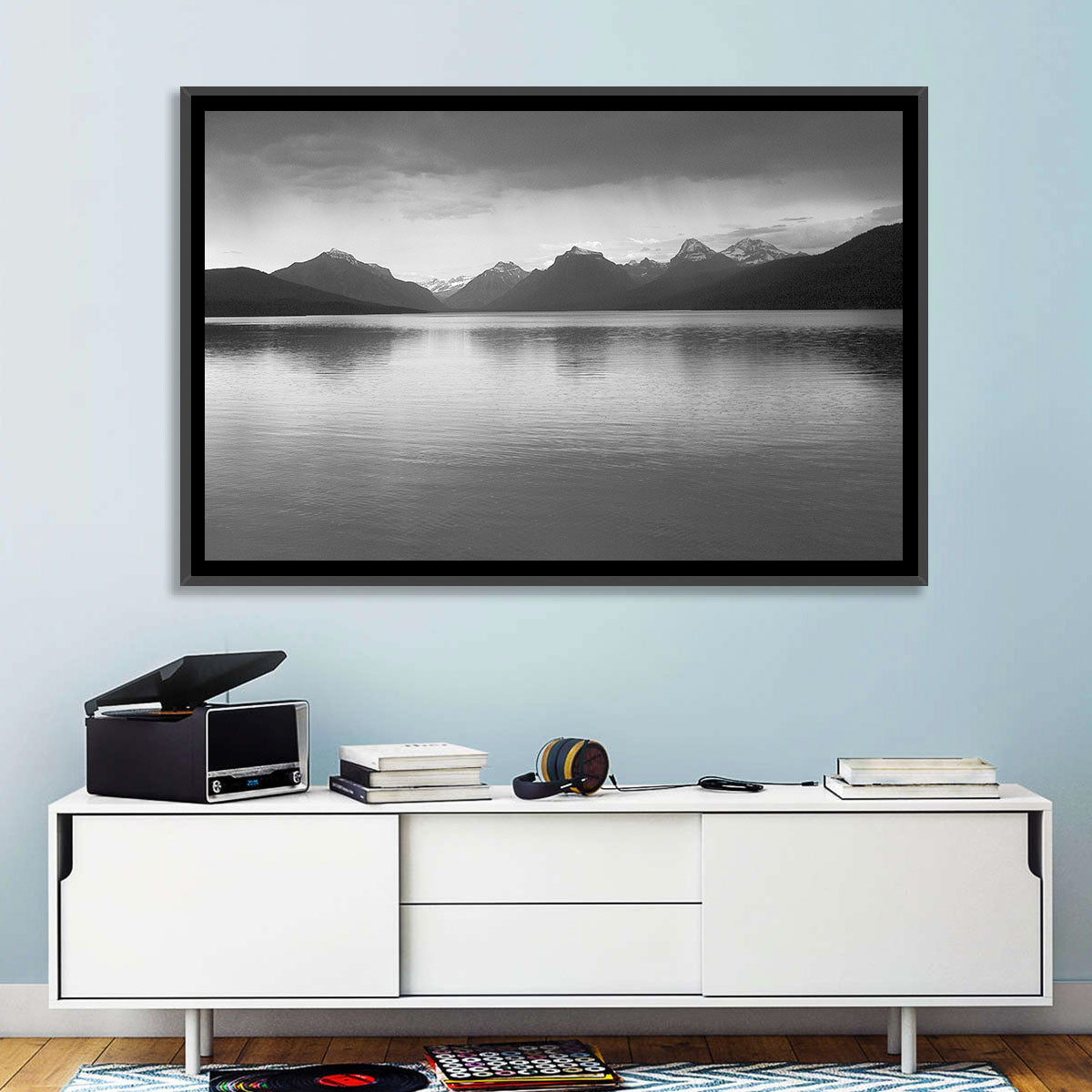 Lake Mcdonald Monochrome Reflection Wall Art in a room, landscape