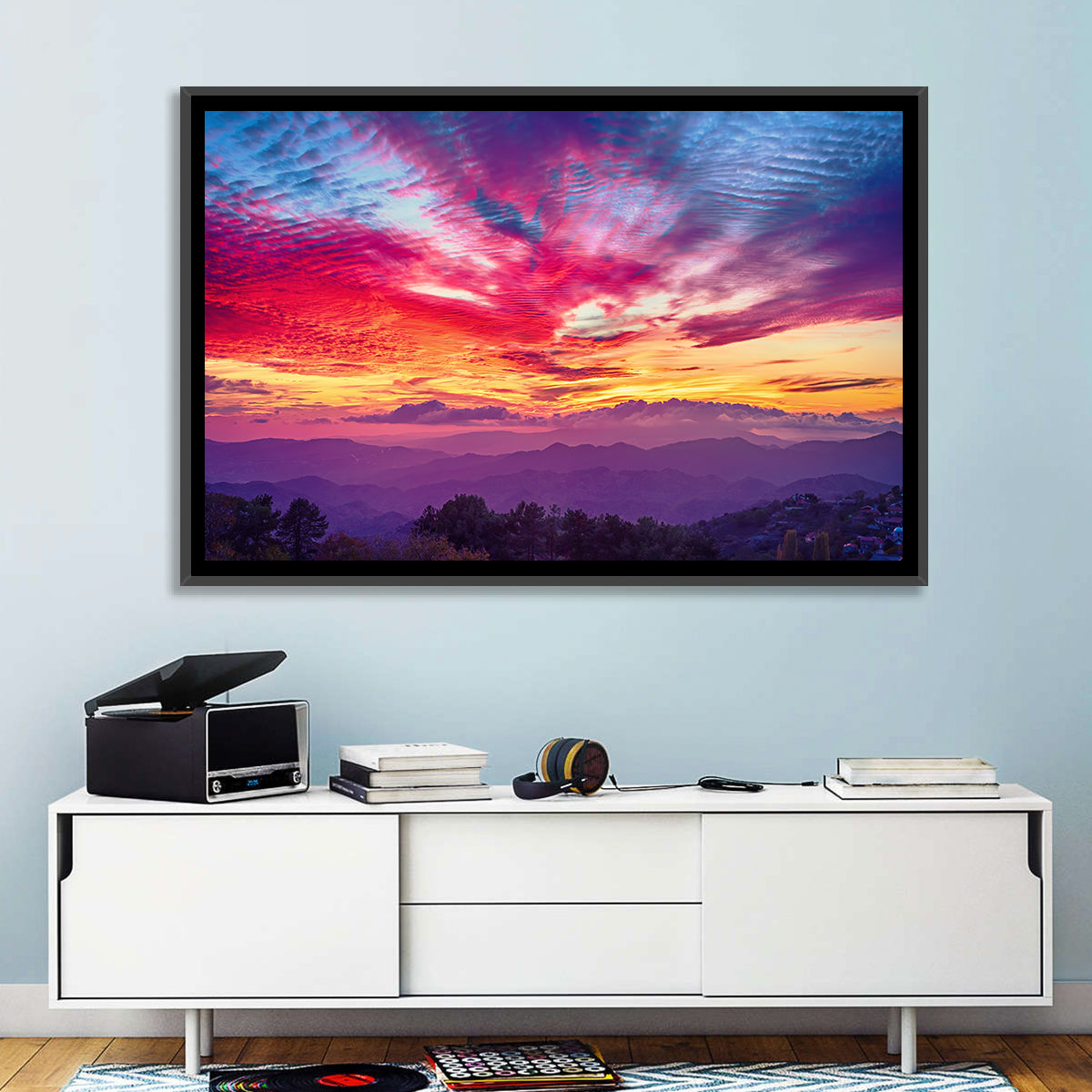 Golden Dusk Cloud Mountains Wall Art in a room, landscape
