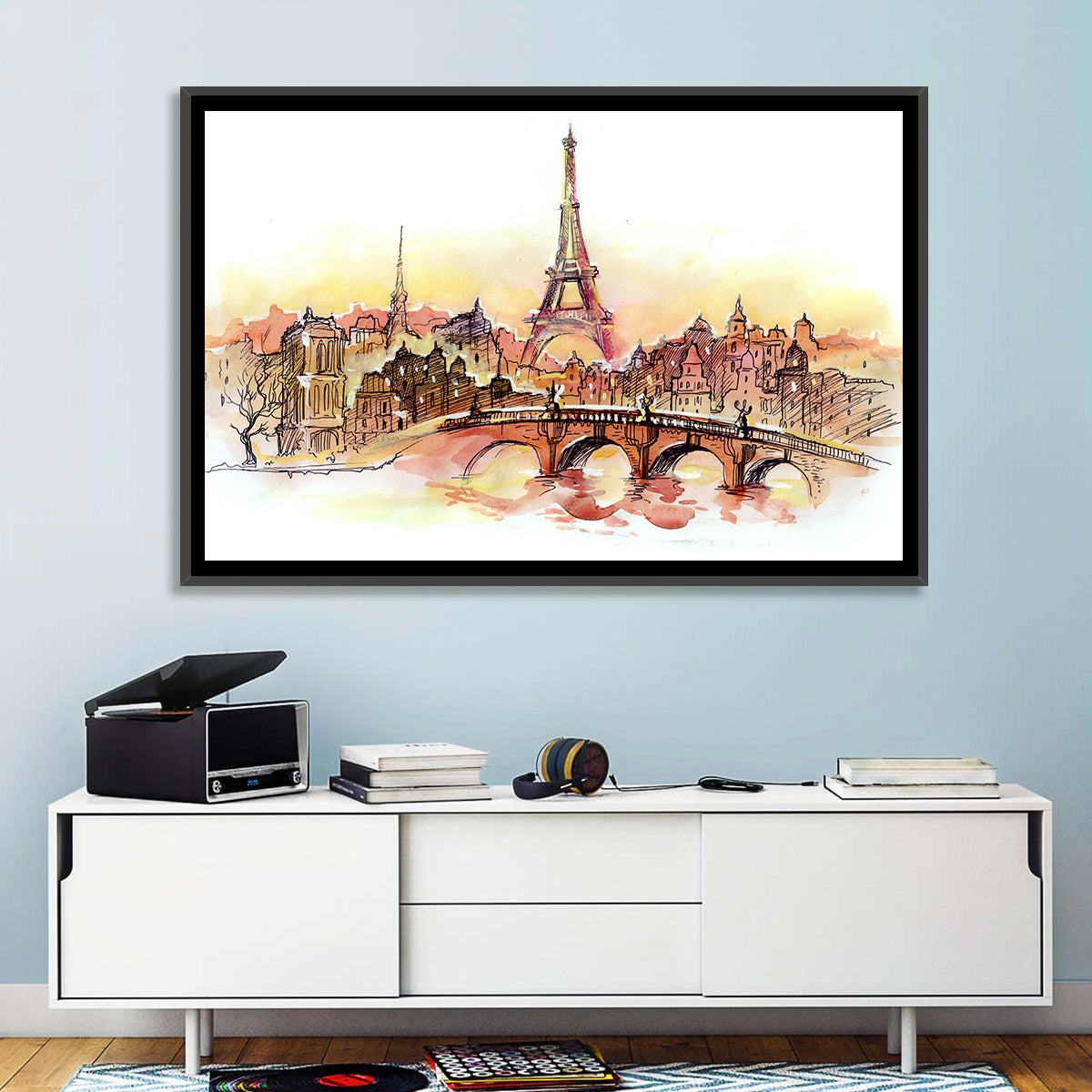 Eiffel Tower Watercolor at Dusk Wall Art