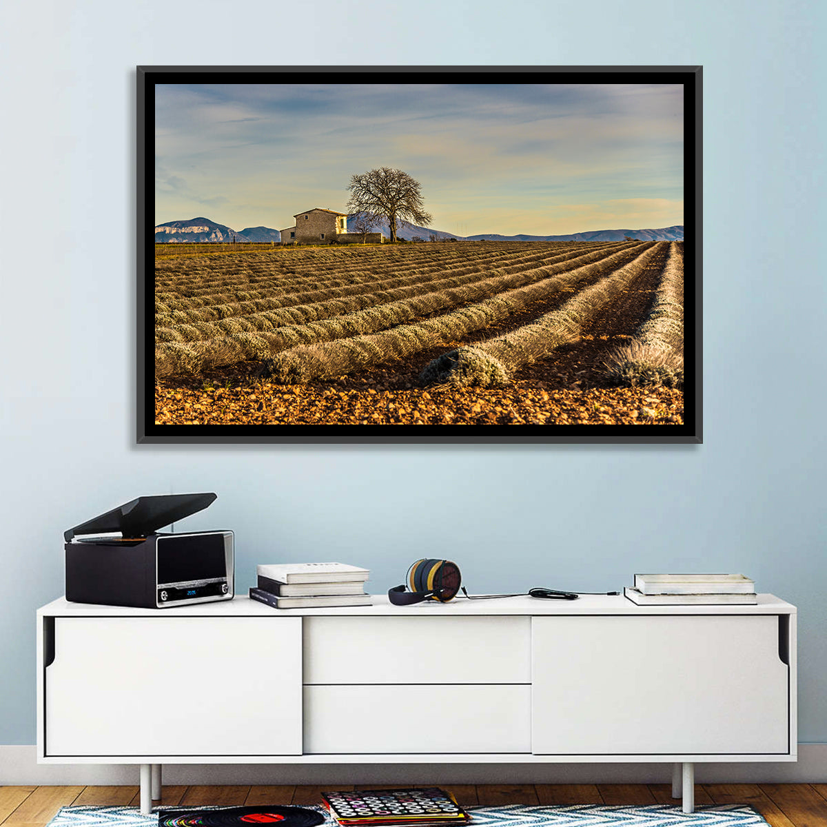 Rustic Provence Lavender Rows at Golden Hour Wall Art in a room, landscape