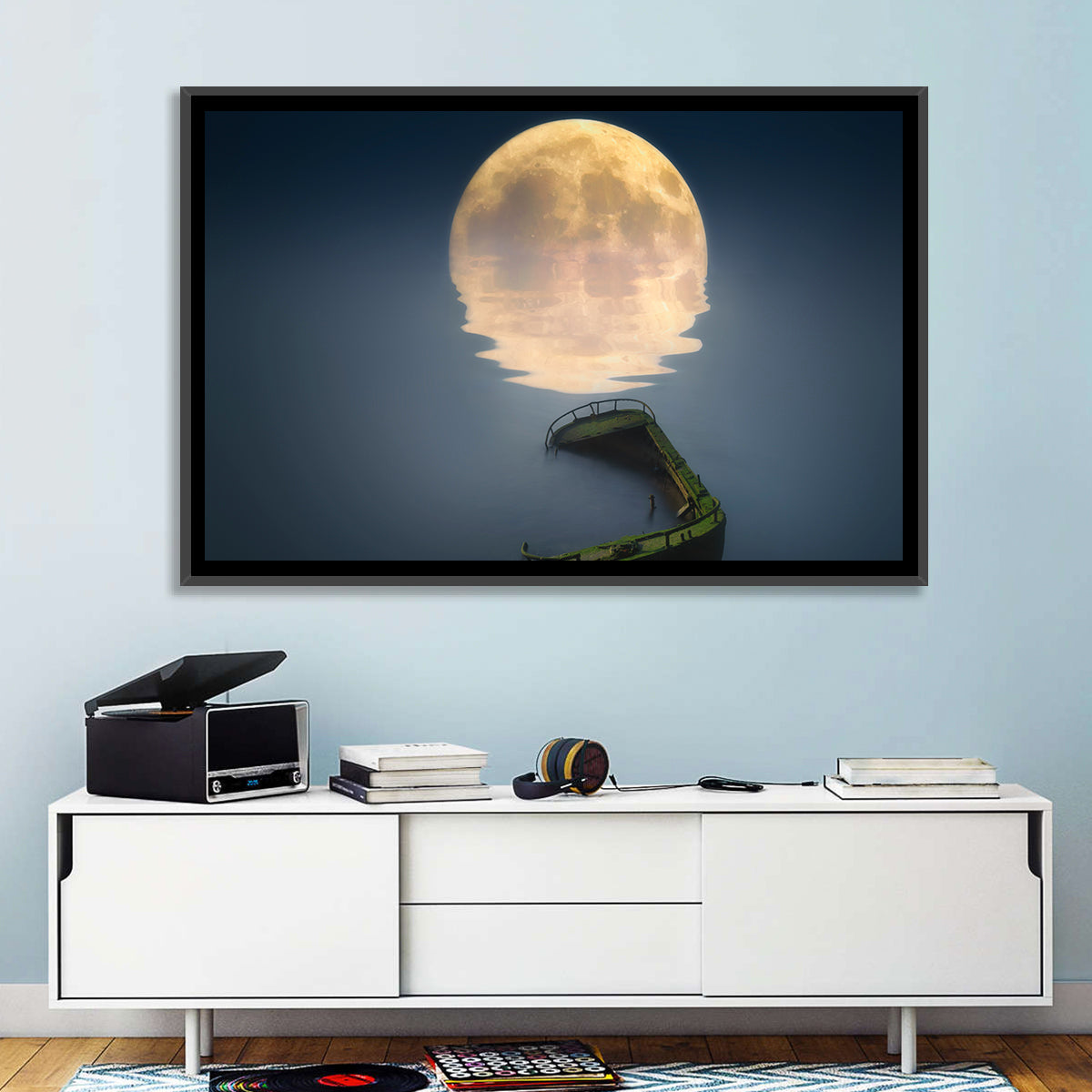 Moonlit Shipwreck Reflection Wall Art in a room, landscape