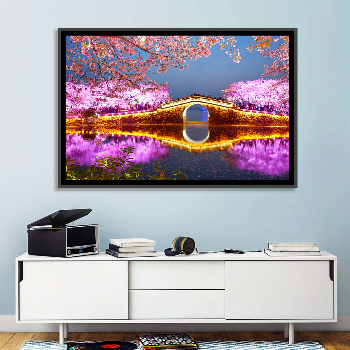 Illuminated Cherry Blossom Bridge Wall Art in a room, landscape