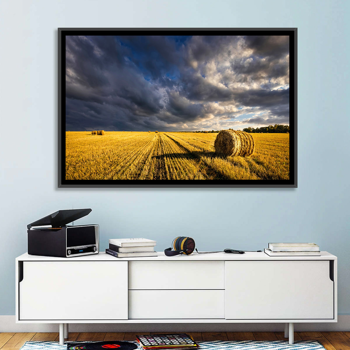 Hay Bale at Golden Hour Wall Art in a room, landscape