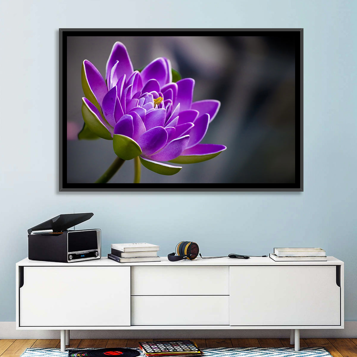 Purple Water Lily Close-up Wall Art in a room, landscape