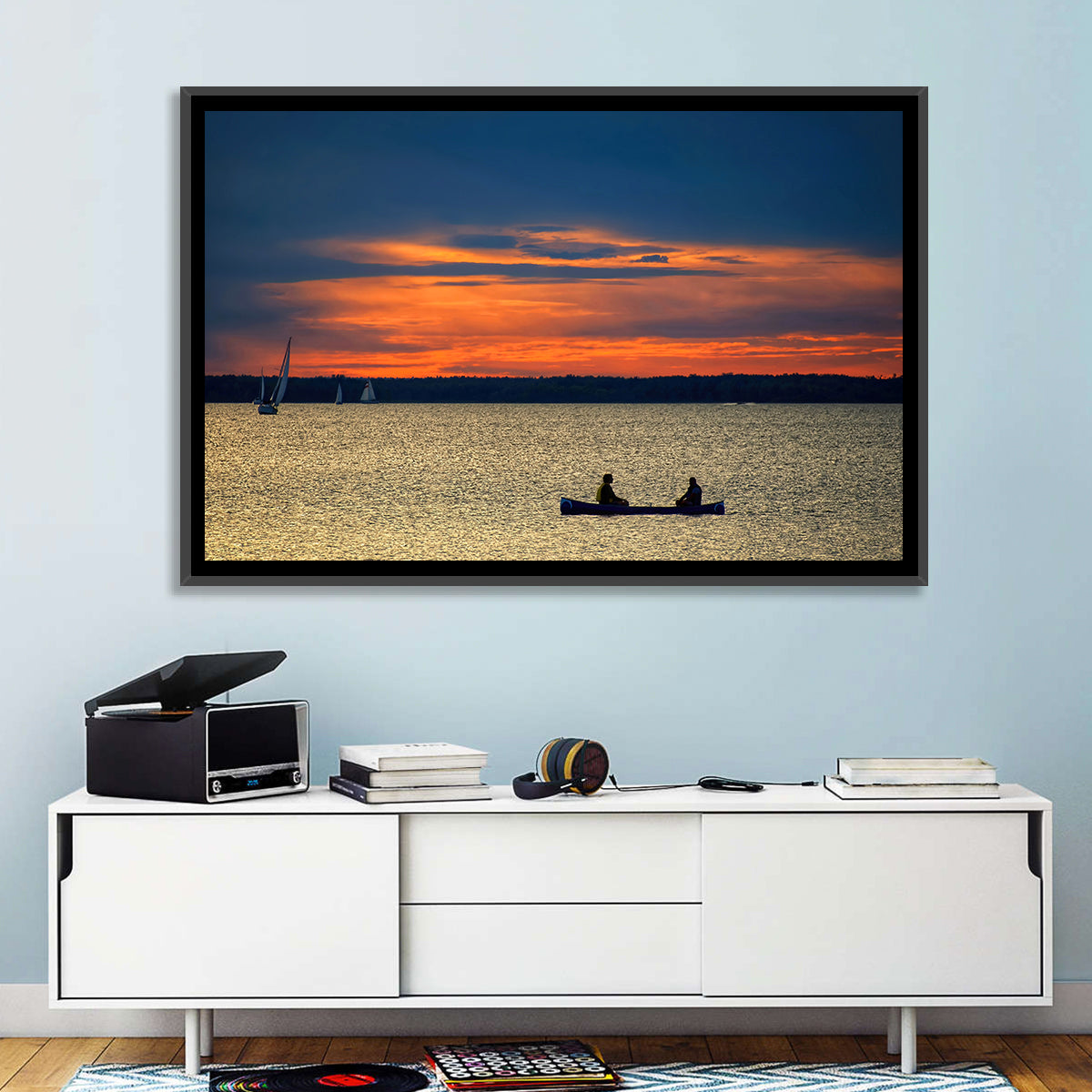 Ottawa River Sunset Canoe Wall Art in a room, landscape