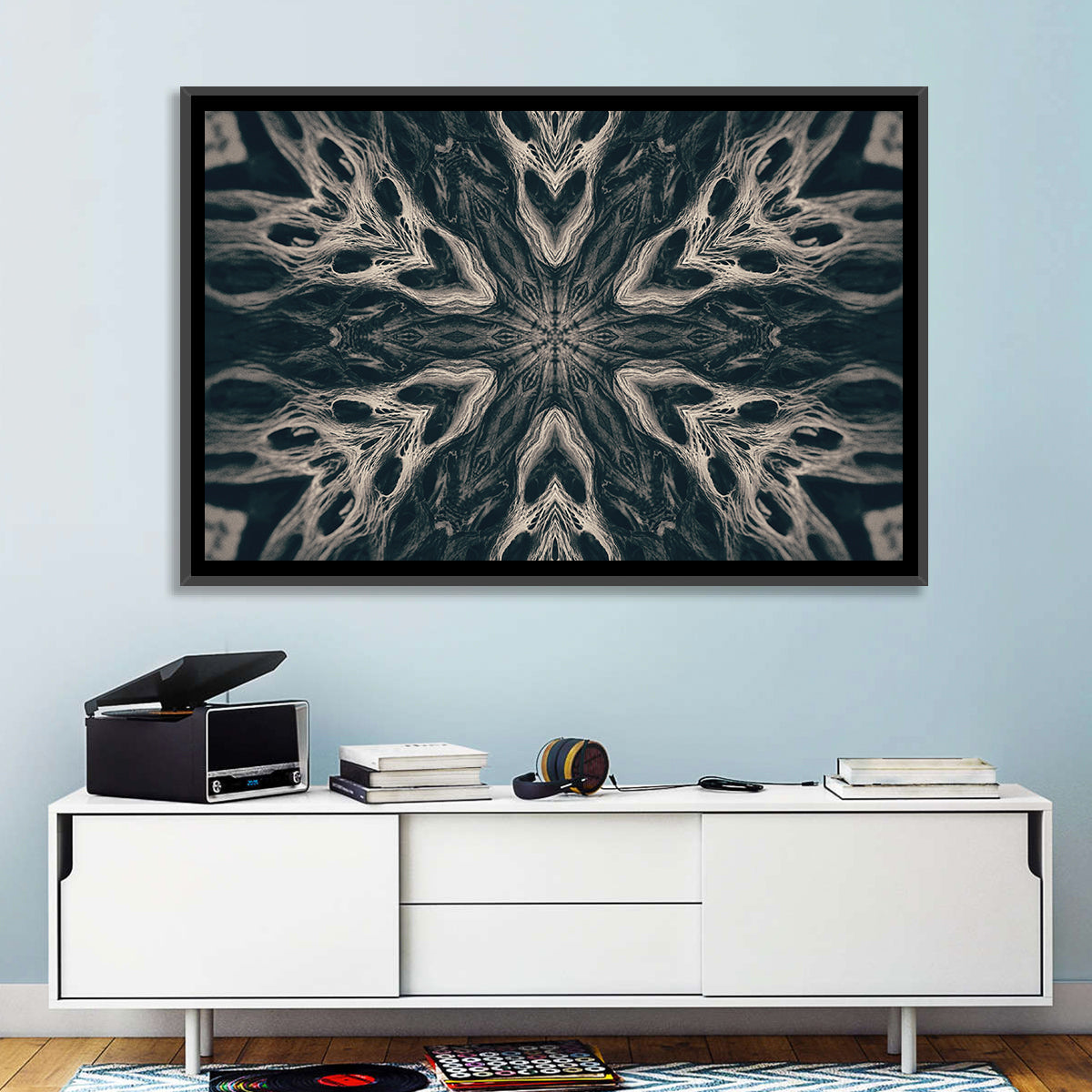 Black Gothic Demon Mandala Wall Art in a room, landscape
