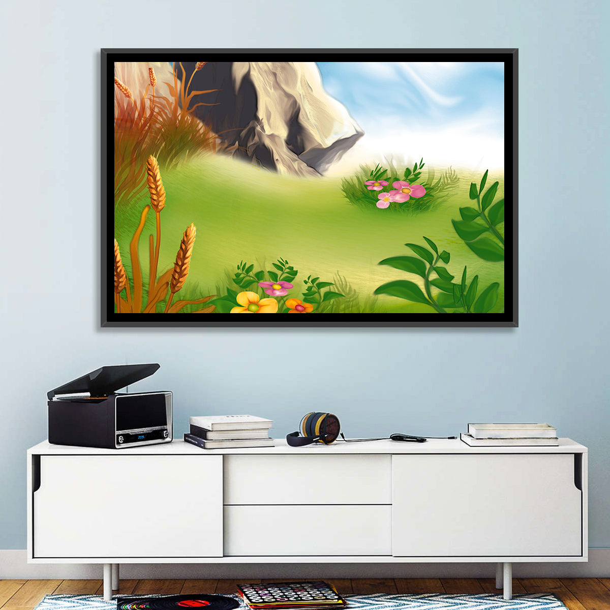 Sunny Mountain Meadow Illustration Wall Art