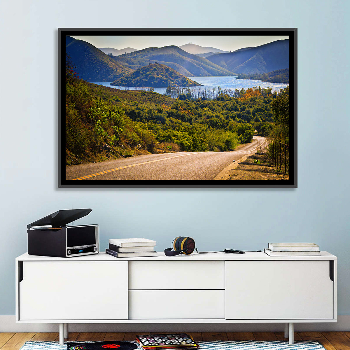 Lake Hodges Roadside Vista Wall Art in a room, landscape