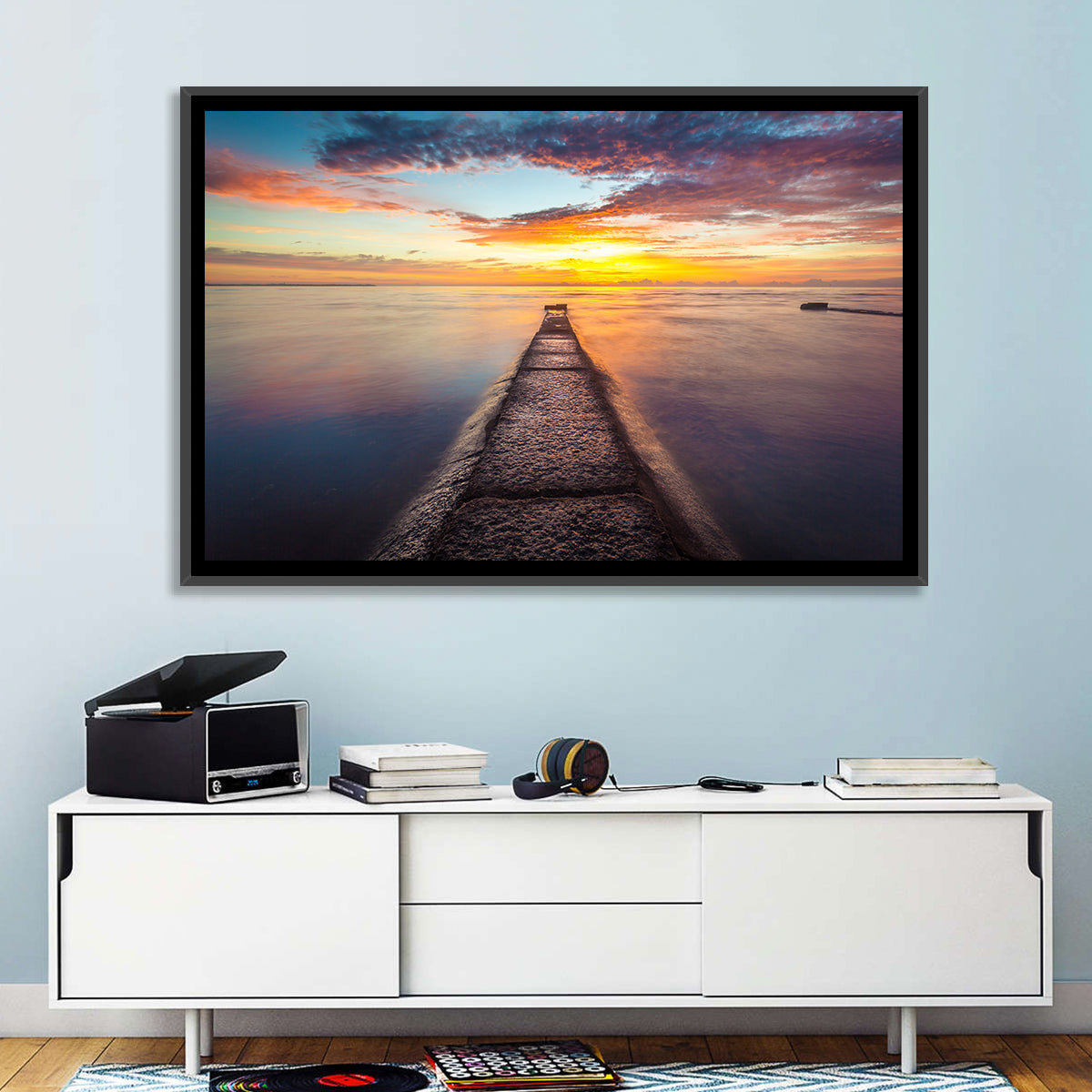 Stone Pier to Glowing Horizon Wall Art in a room, landscape