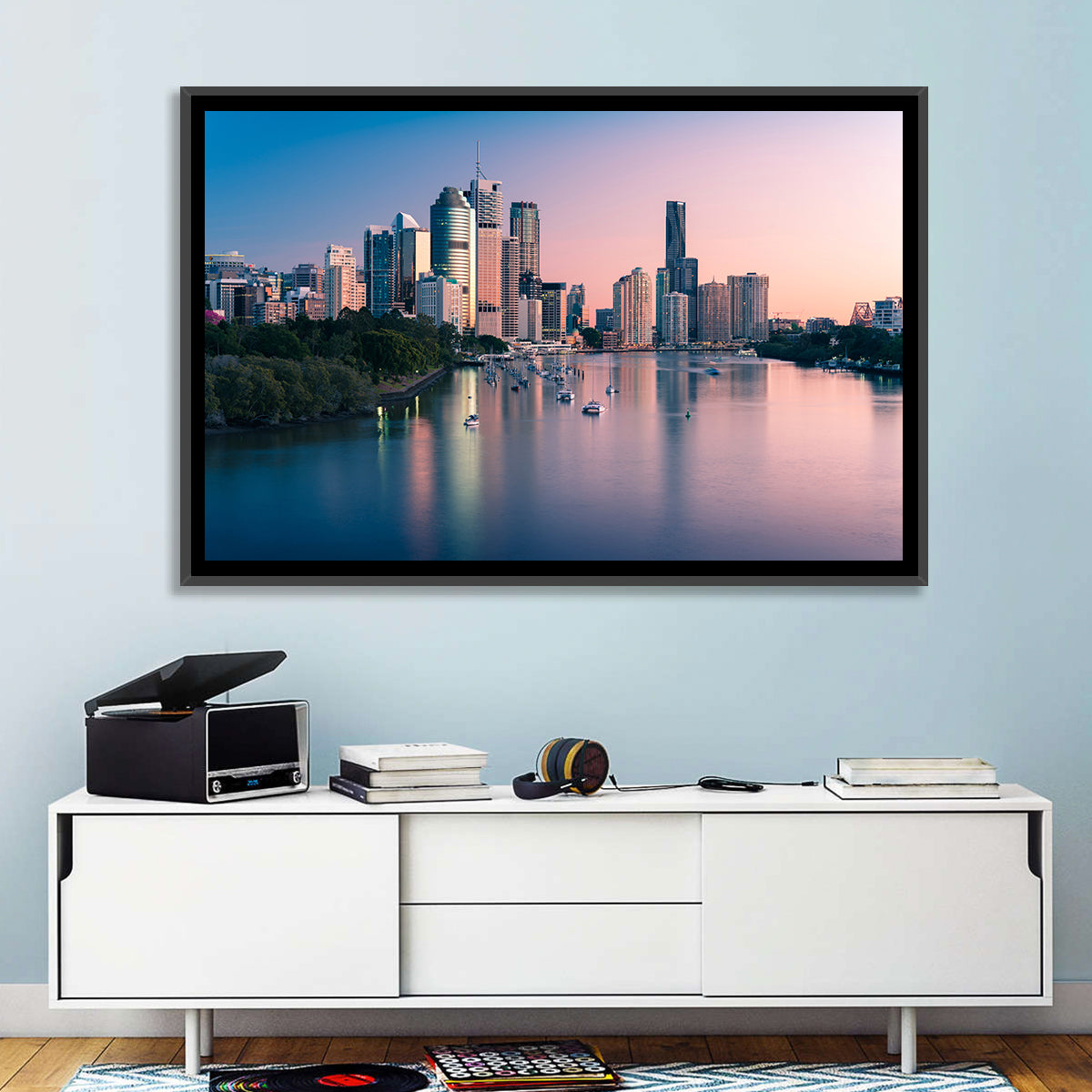 Brisbane River Skyline at Dusk Wall Art in a room, landscape