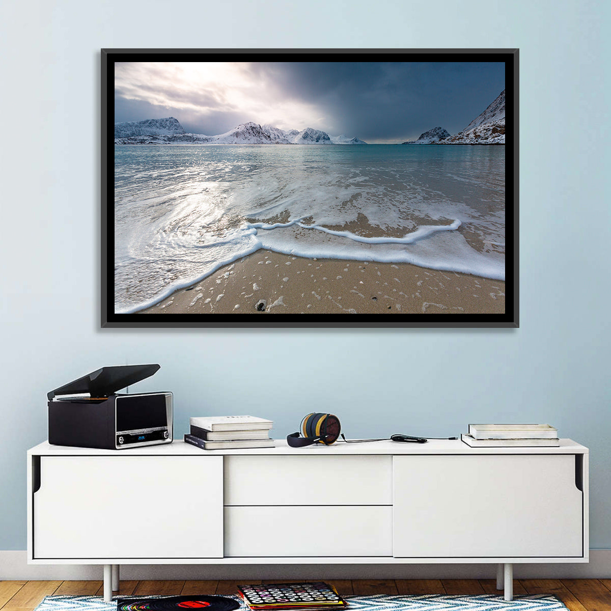 Haukland Beach Winter Light Wall Art in a room, landscape