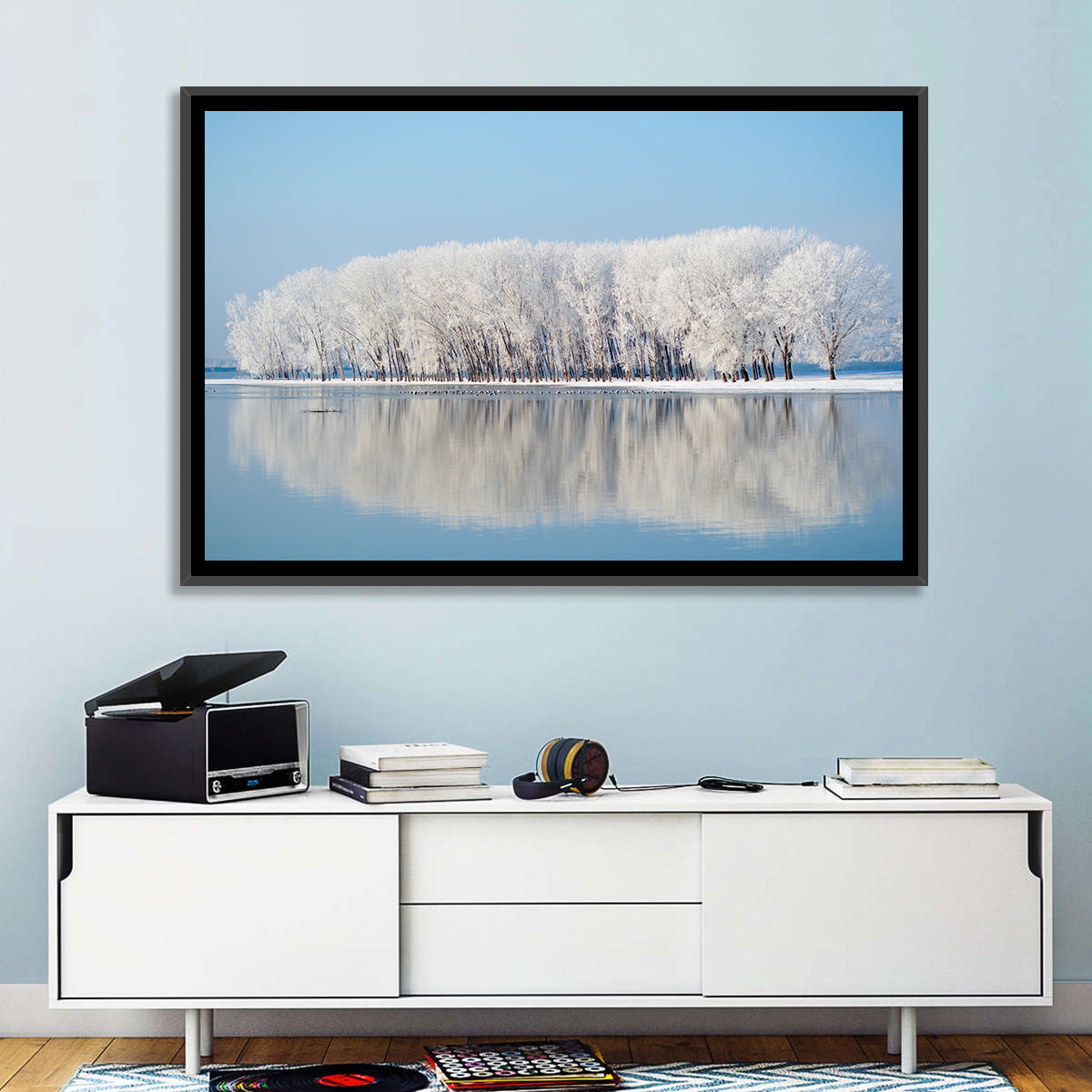 Frost Covered Lakeside Trees Wall Art in a room, landscape