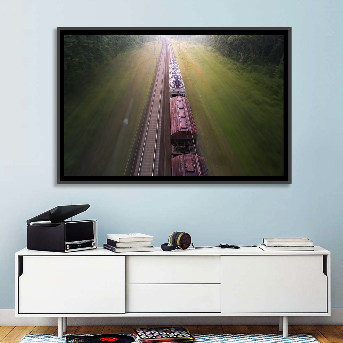 Freight Train Through Forest Wall Art in a room, landscape