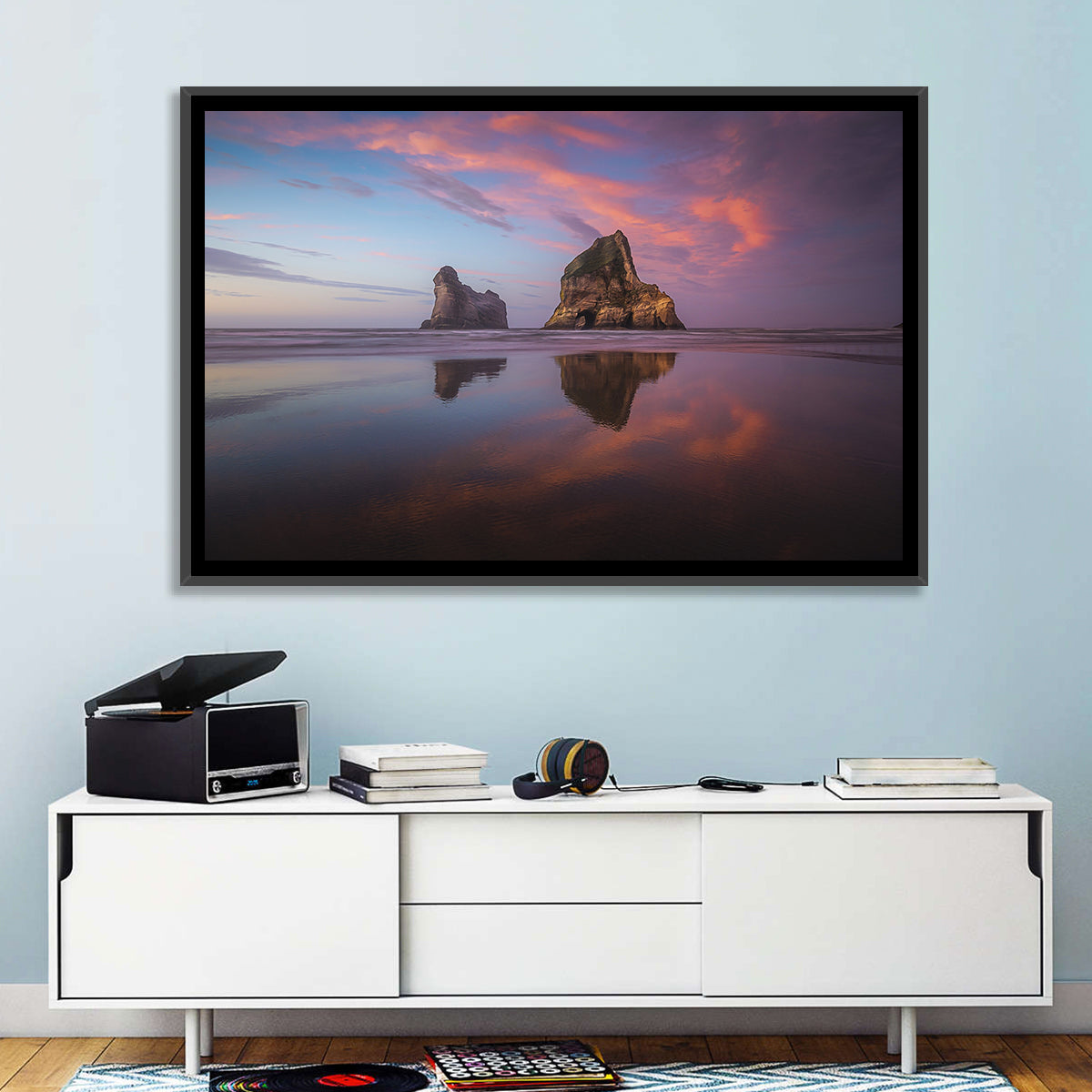 Wharariki Beach Sunrise Wall Art in a room, landscape