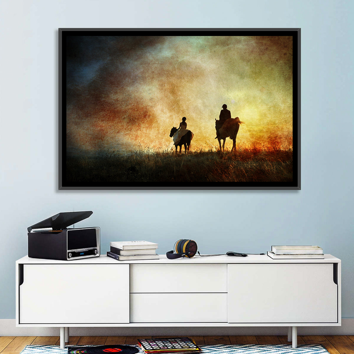 Silhouetted Horse Riders at Sunset Wall Art in a room, landscape