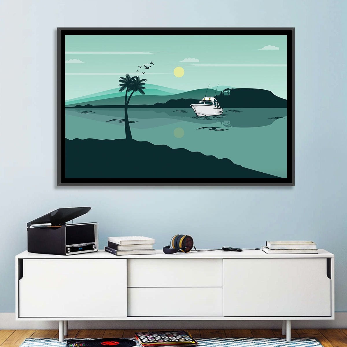 Teal Lake Boat with Palm Tree Wall Art in a room, landscape