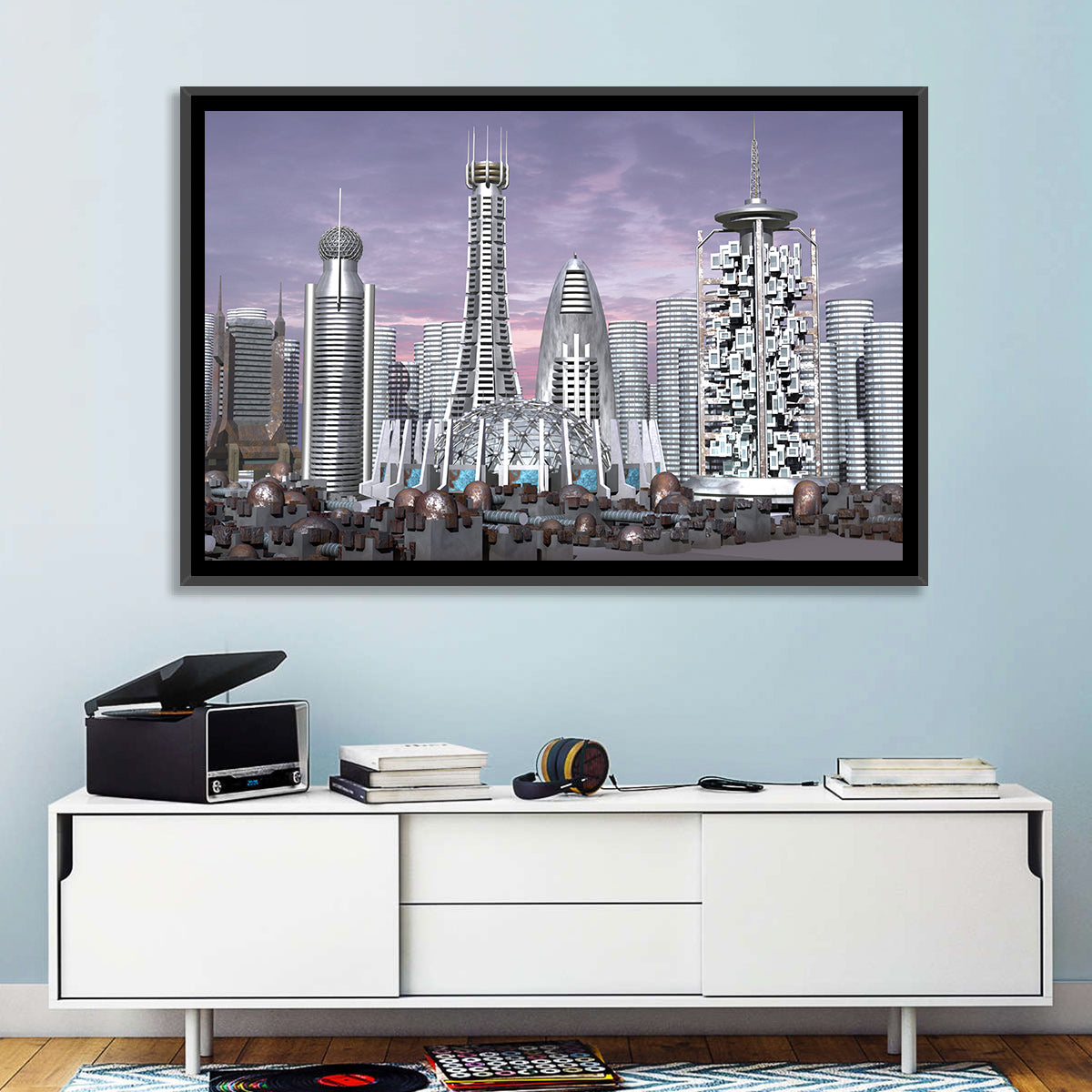 Purple Dusk Futuristic Cityscape Wall Art in a room, landscape