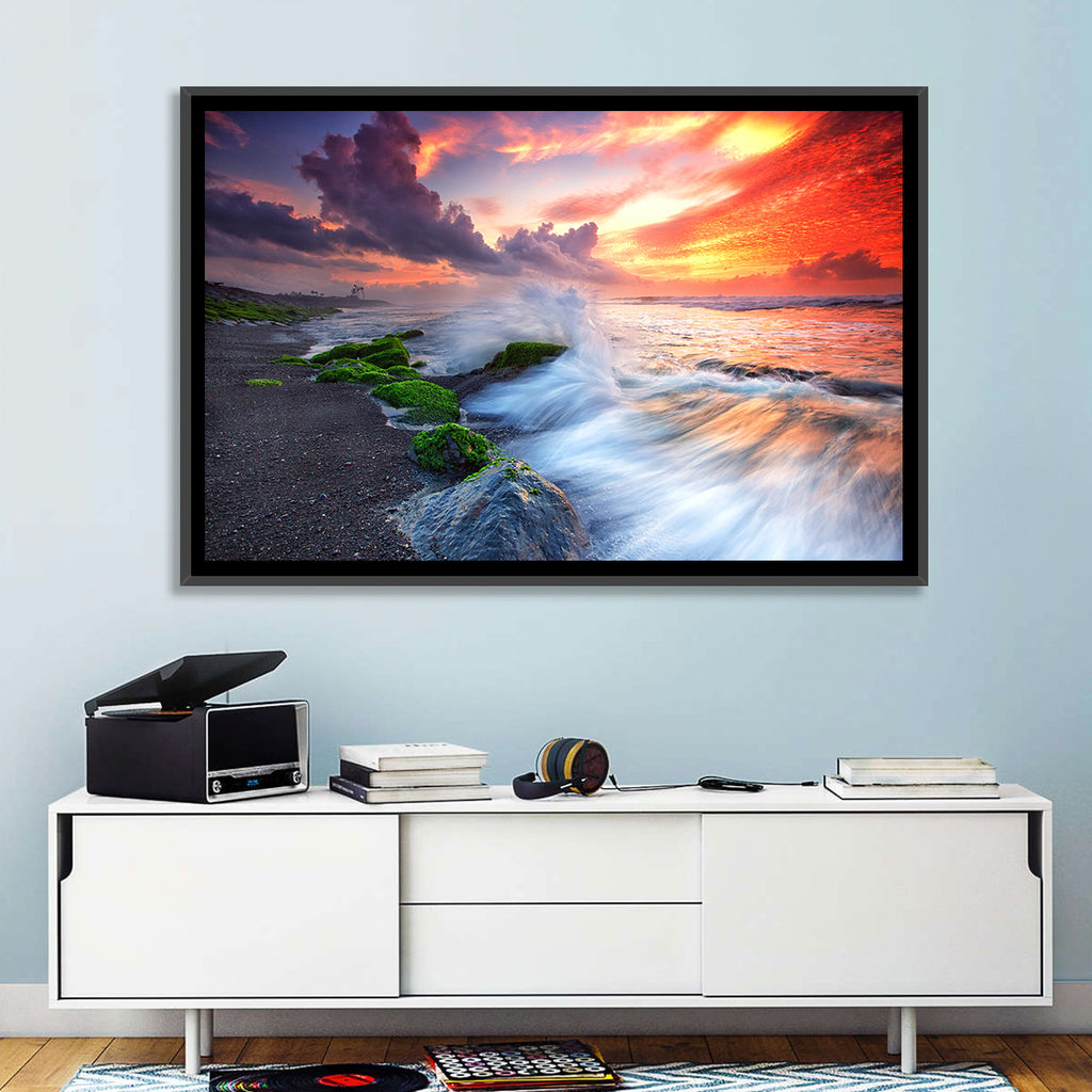 Ocean Waves Under Burning Sky Wall Art
