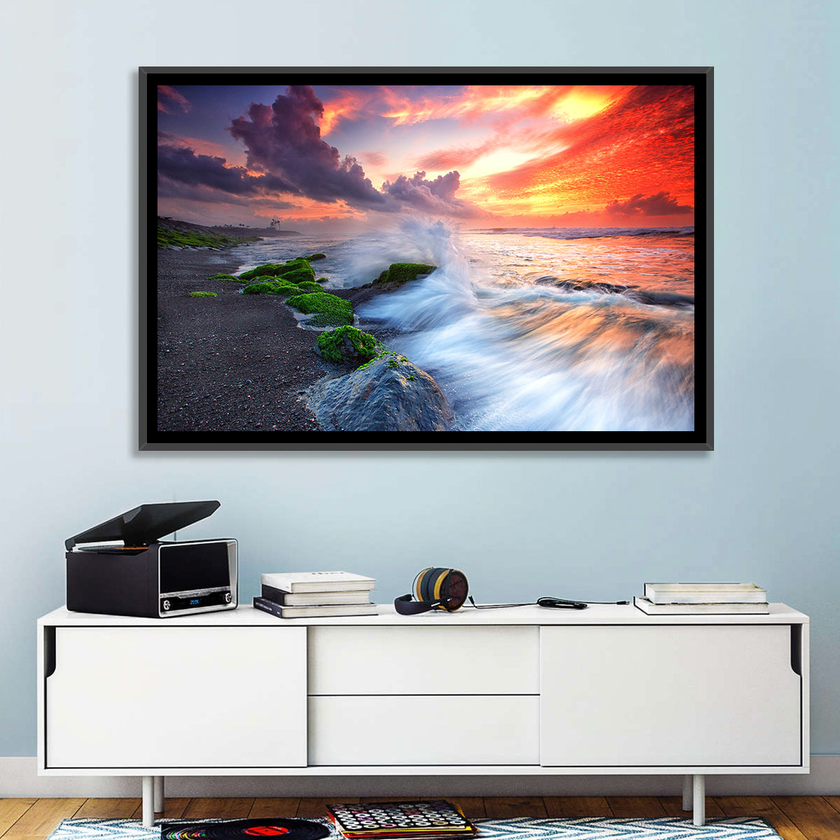 Ocean Waves Under Burning Sky Wall Art