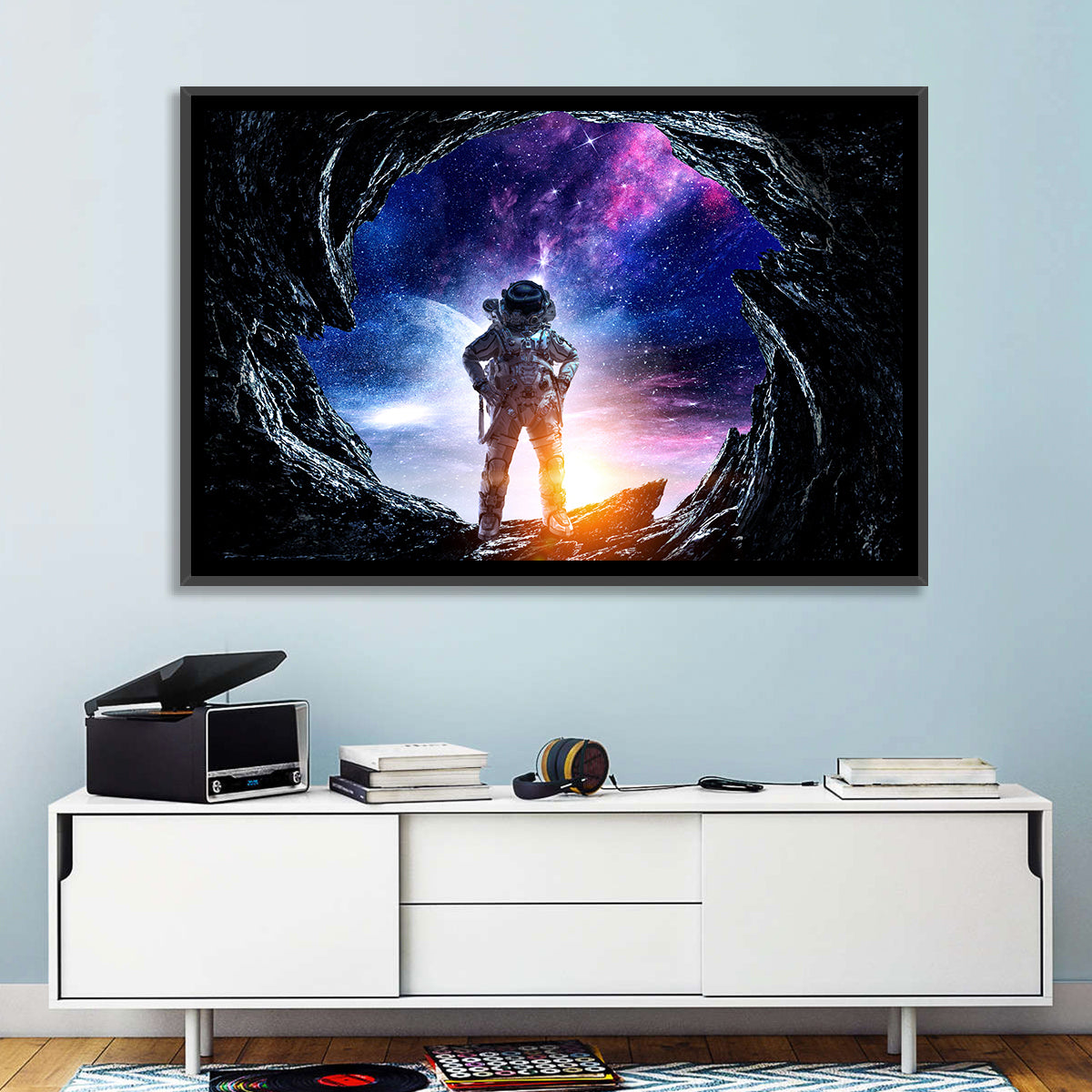 Astronaut at Alien Planet Cave Wall Art in a room, landscape