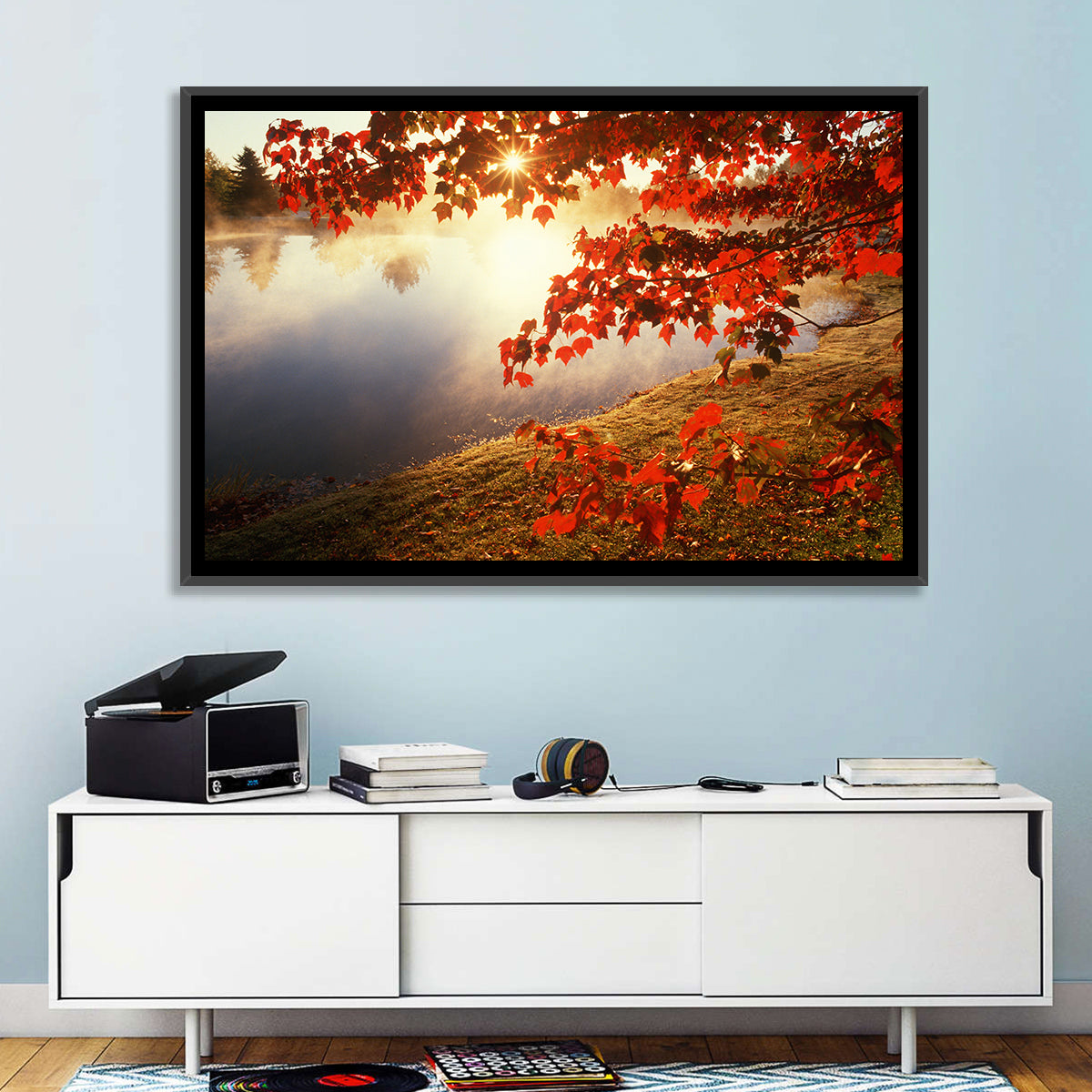 Autumn Pond Sunrise Connecticut Wall Art in a room, landscape
