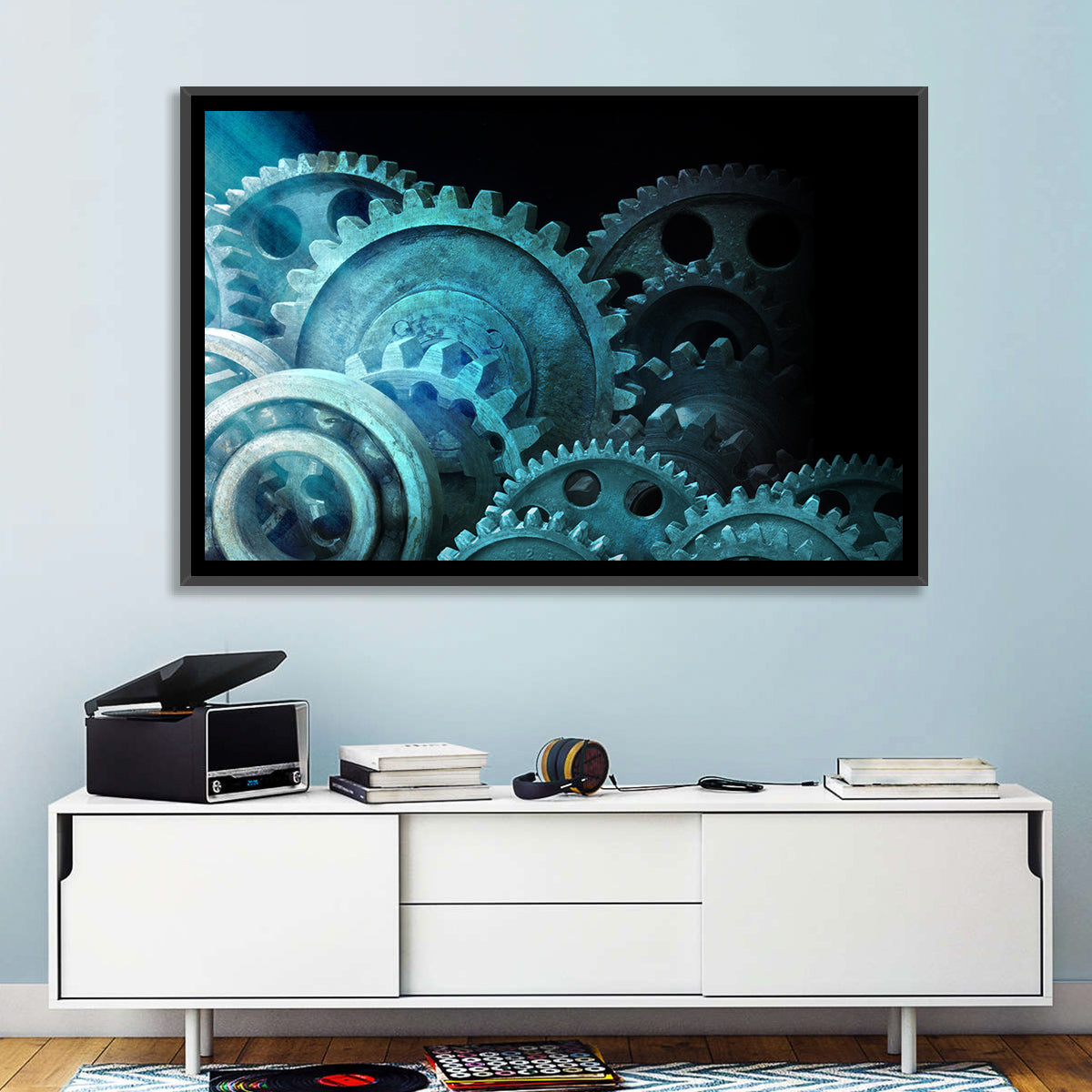 Teal and Steel Cogwheel Close-up Wall Art