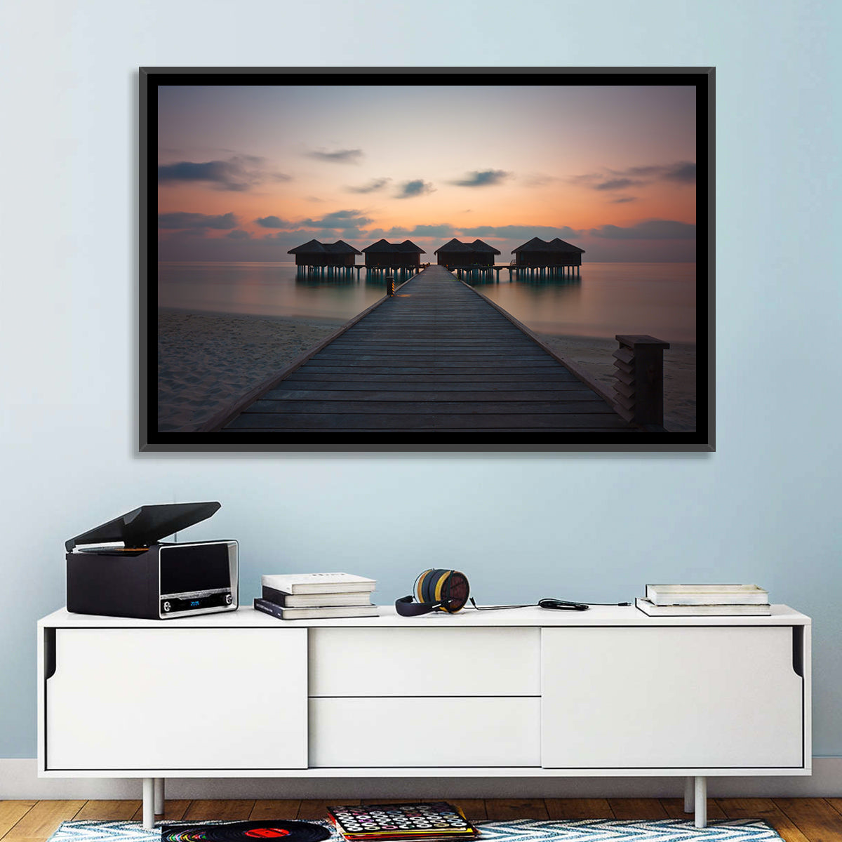 Overwater Bungalows at Sunset Wall Art in a room, landscape