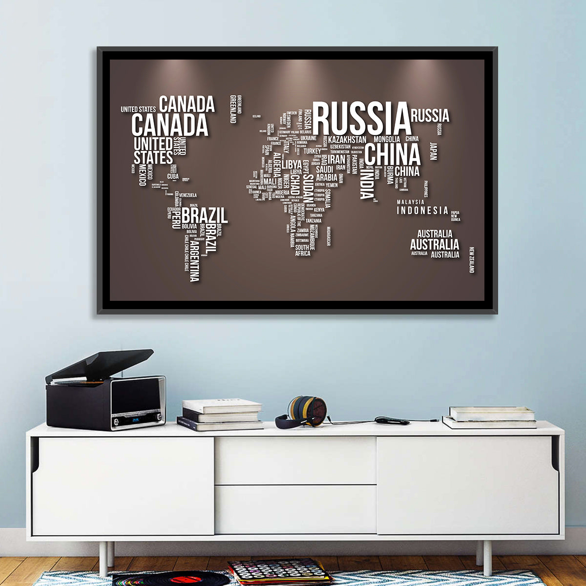 World Map Typography in Brown and White Wall Art