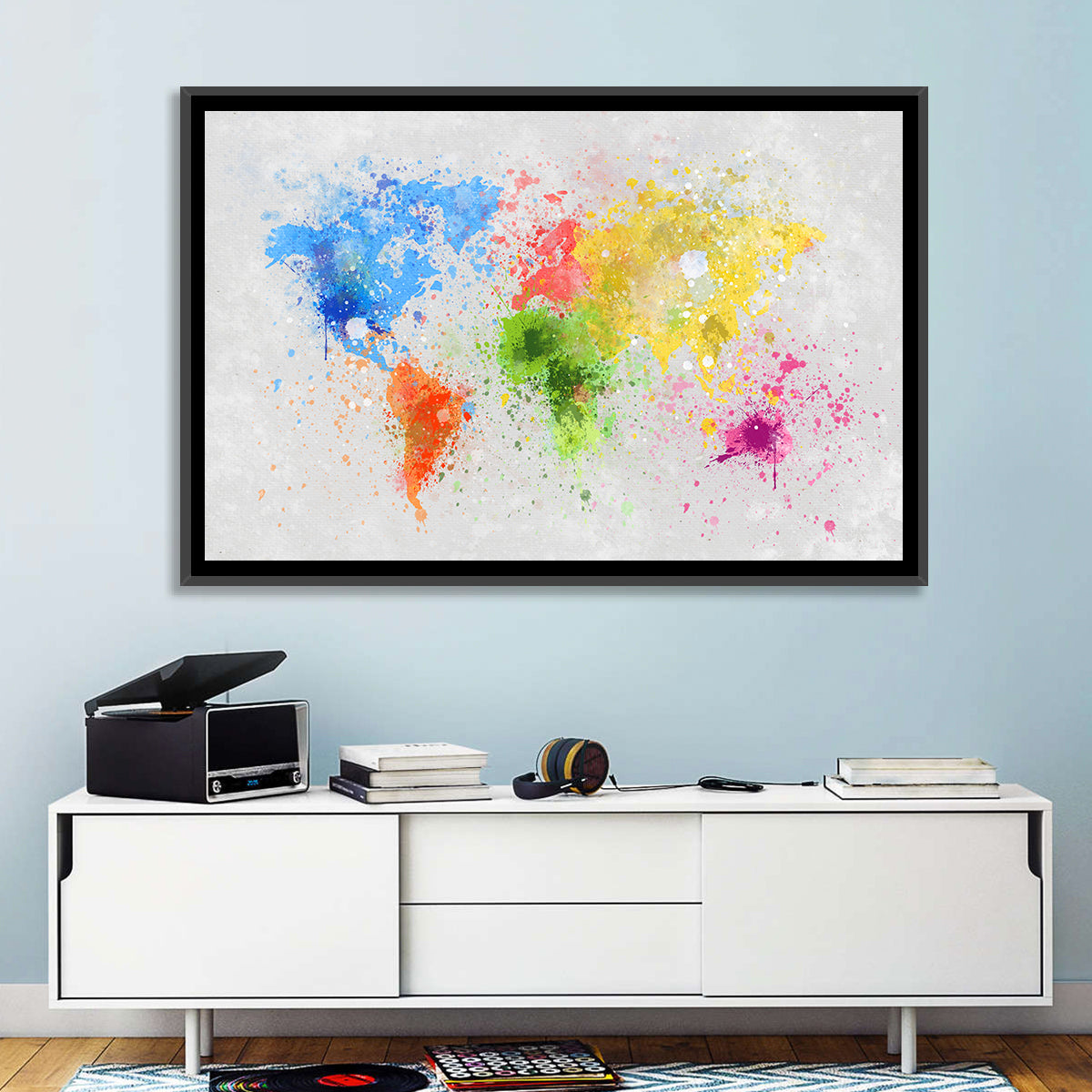 Vibrant Watercolor World Map Wall Art in a room, landscape