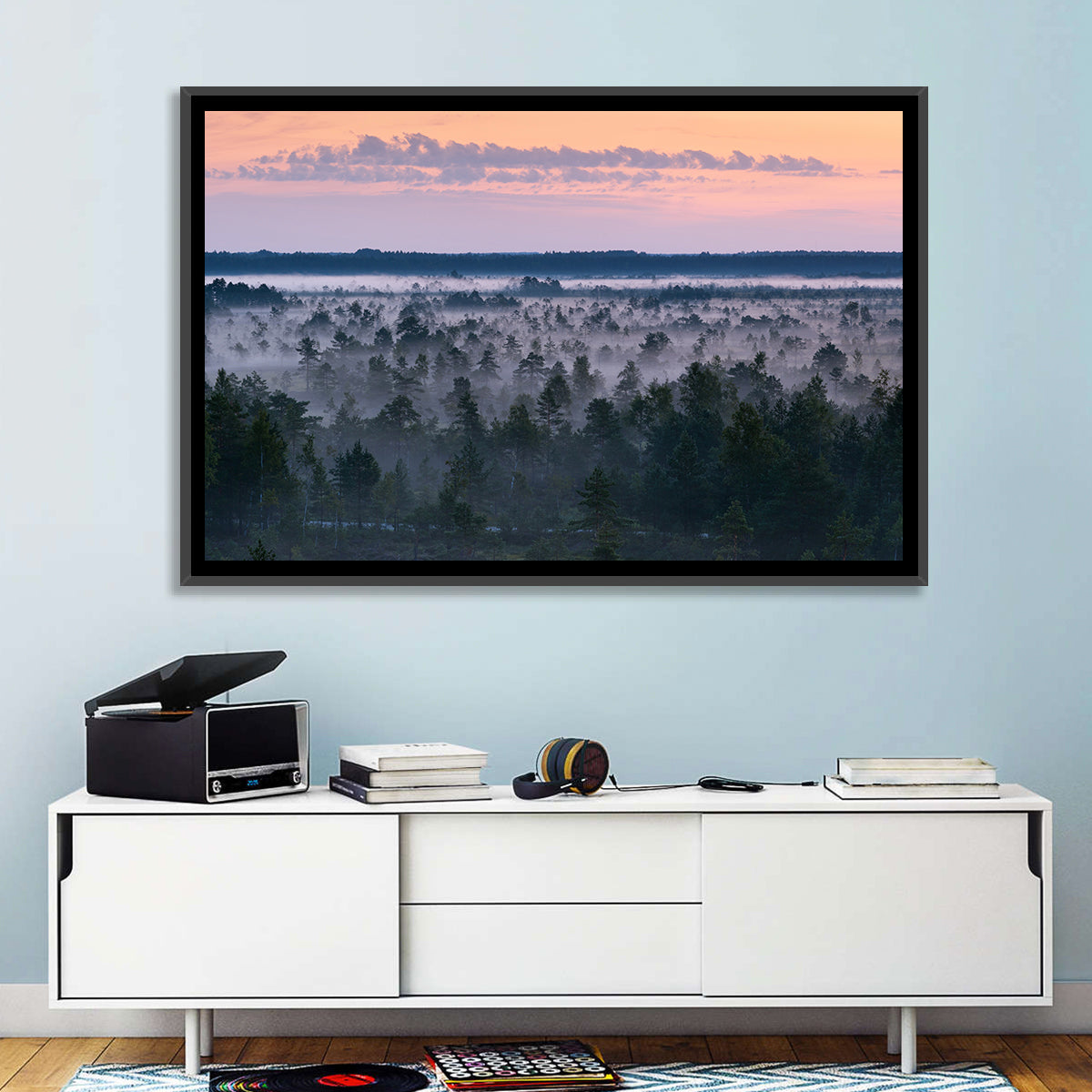 Estonian Misty Pine Landscape Wall Art in a room, landscape