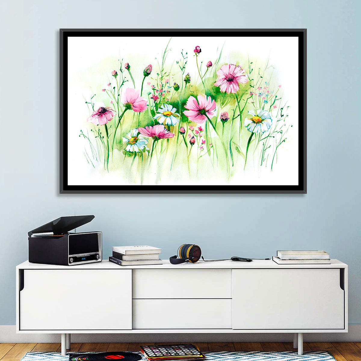 Airy Wildflower Meadow Watercolor Wall Art in a room, landscape