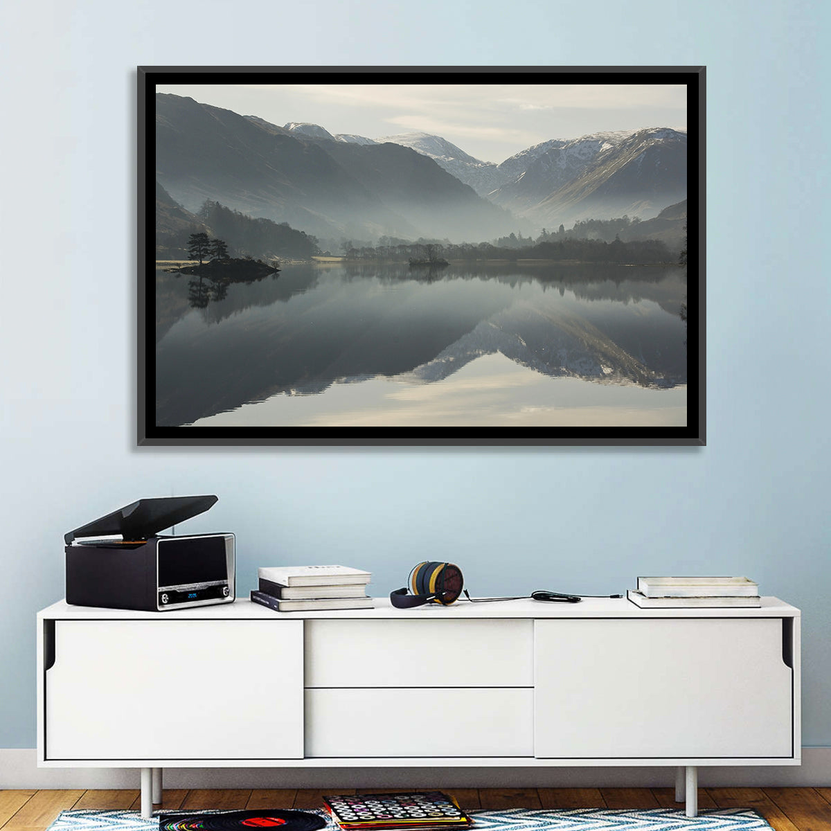 Lake Ullswater Morning Mist Wall Art in a room, landscape