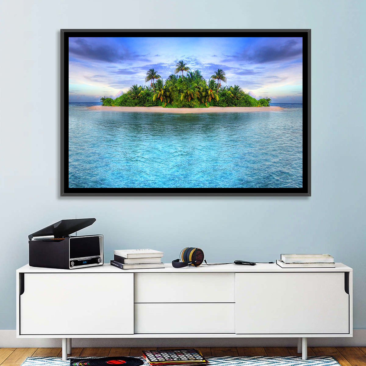 Mirrored Tropical Island Lagoon Wall Art in a room, landscape