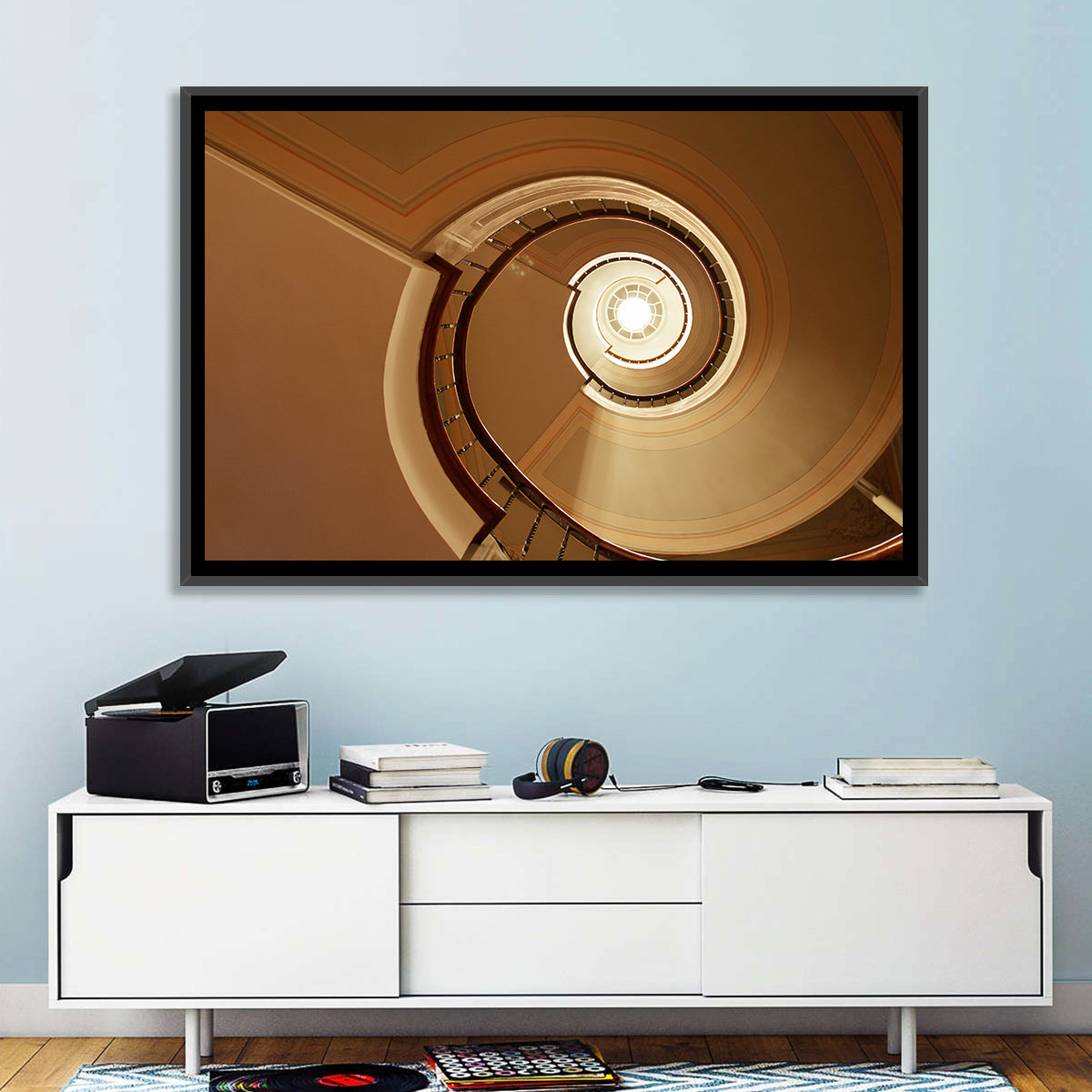 Worms-eye Spiral Staircase Wall Art in a room, landscape