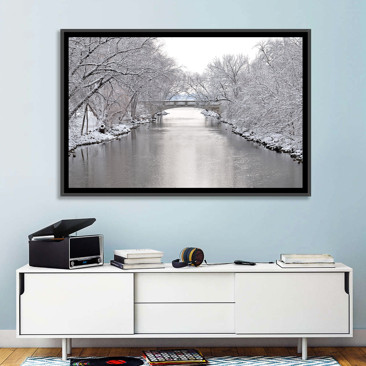 Yahara River Winter Stone Bridge Wall Art in a room, landscape