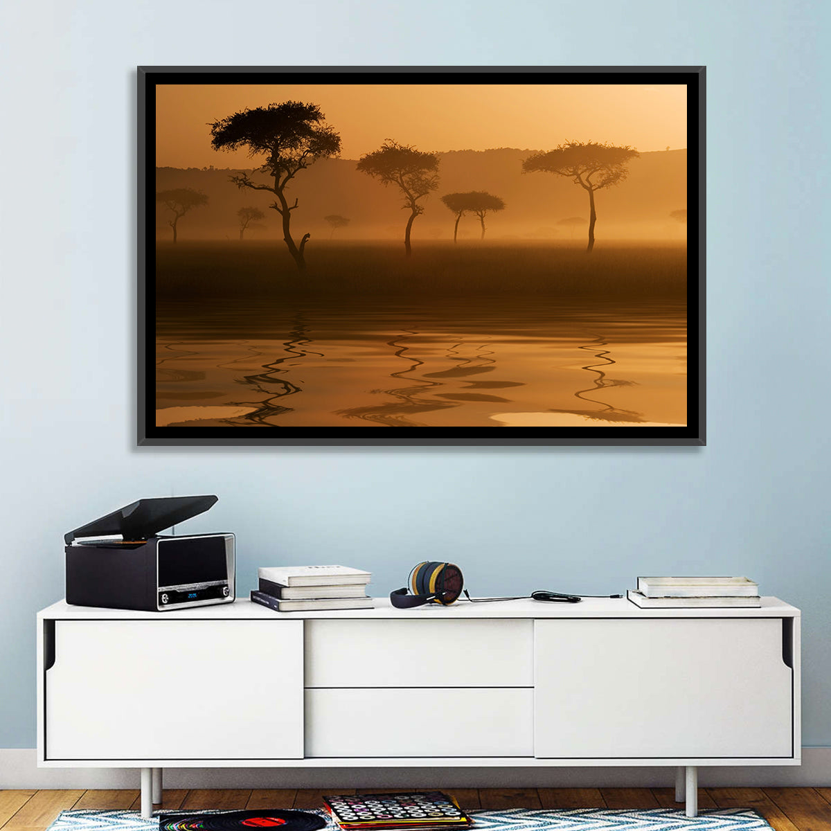 Savanna Sunset Acacia Silhouettes Wall Art in a room, landscape