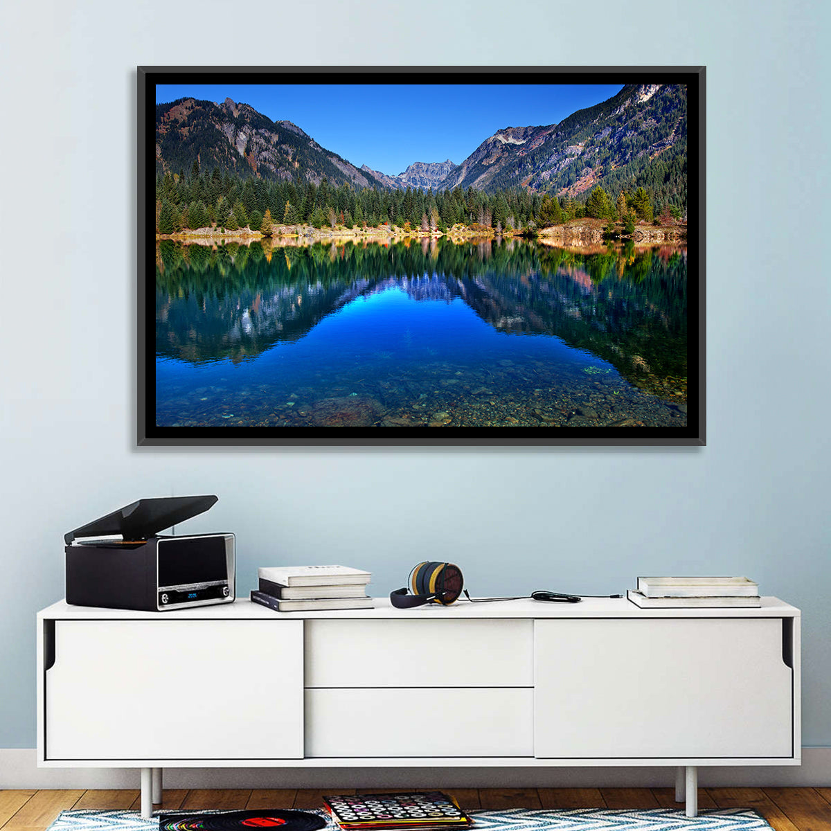 Gold Lake Reflection Wall Art in a room, landscape